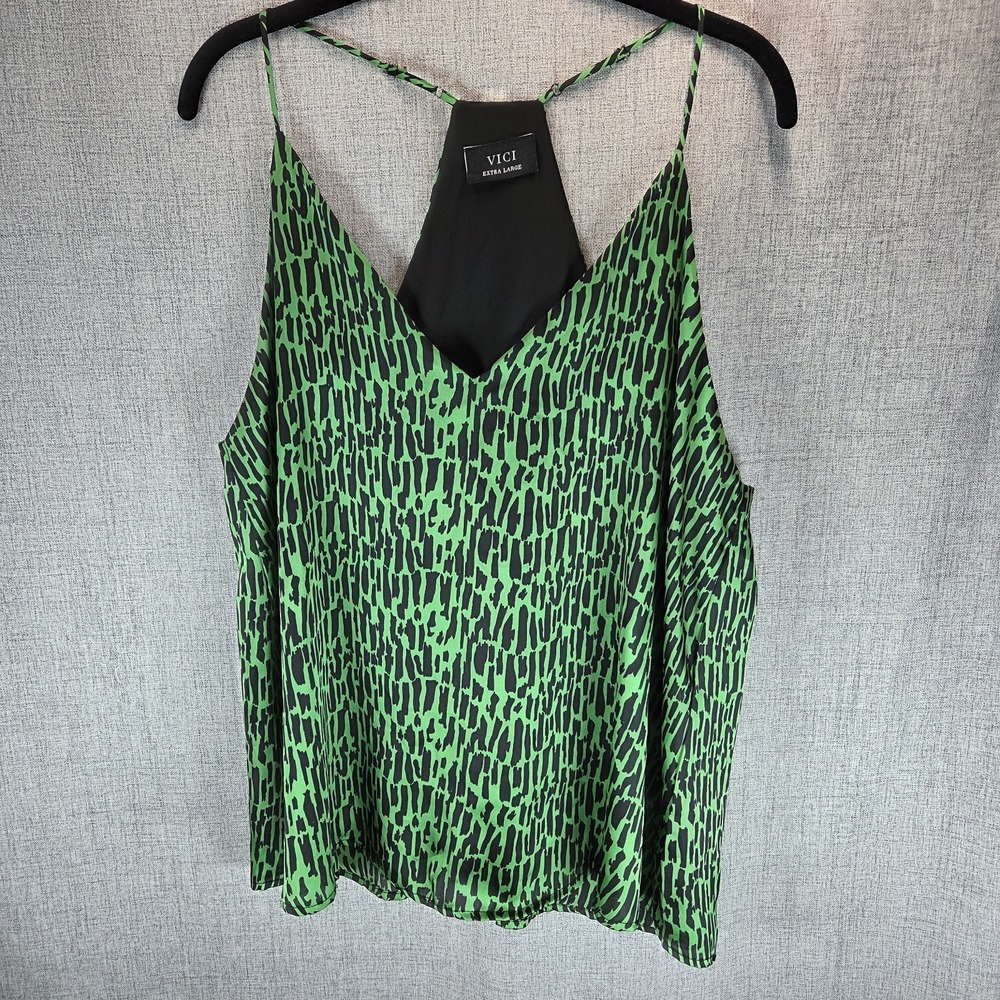 Vici Womens XL Satin Animal Print Green Spaghetti Racerback VNeck Cami Lined Top